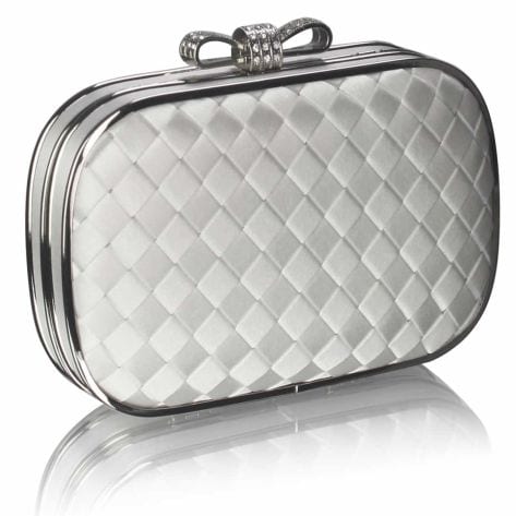 Hard Case Silver Clutch with Crystal Encrusted Bow Clasp